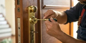 The labor cost to replace an entry door lockset shown as a locksmith installs the new lock.