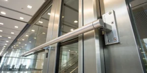 A completed panic bar installation on a commercial glass door.