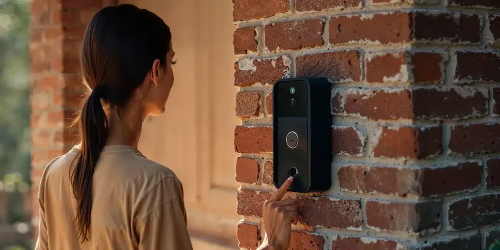 a woman pressing a button on a brick wall