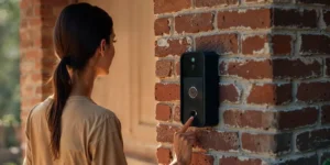 a woman pressing a button on a brick wall