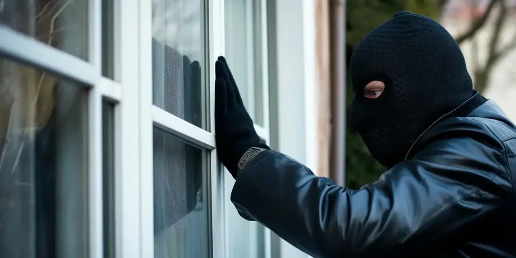 a person wearing a black mask and gloves reaching out a window