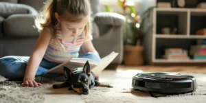 a girl reading a book on the floor next to a vacuum cleaner