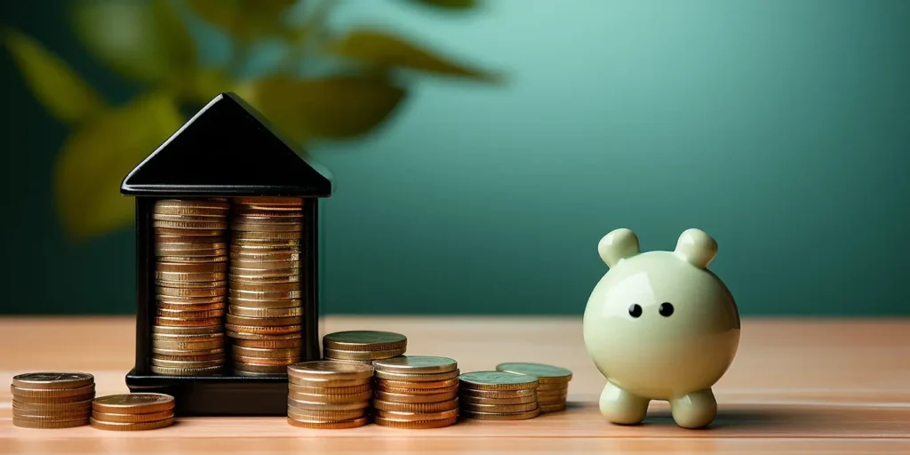 A piggy bank surrounded by stacks of coins