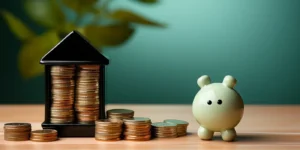 A piggy bank surrounded by stacks of coins