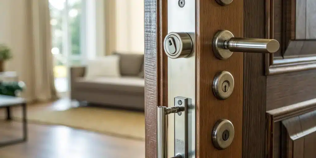 A secure wooden apartment door with the best locks, including multiple deadbolts and a modern handle.