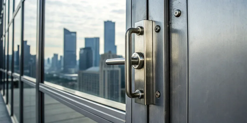 A secure business lock on a glass office door, a best practice for security and lock changes.