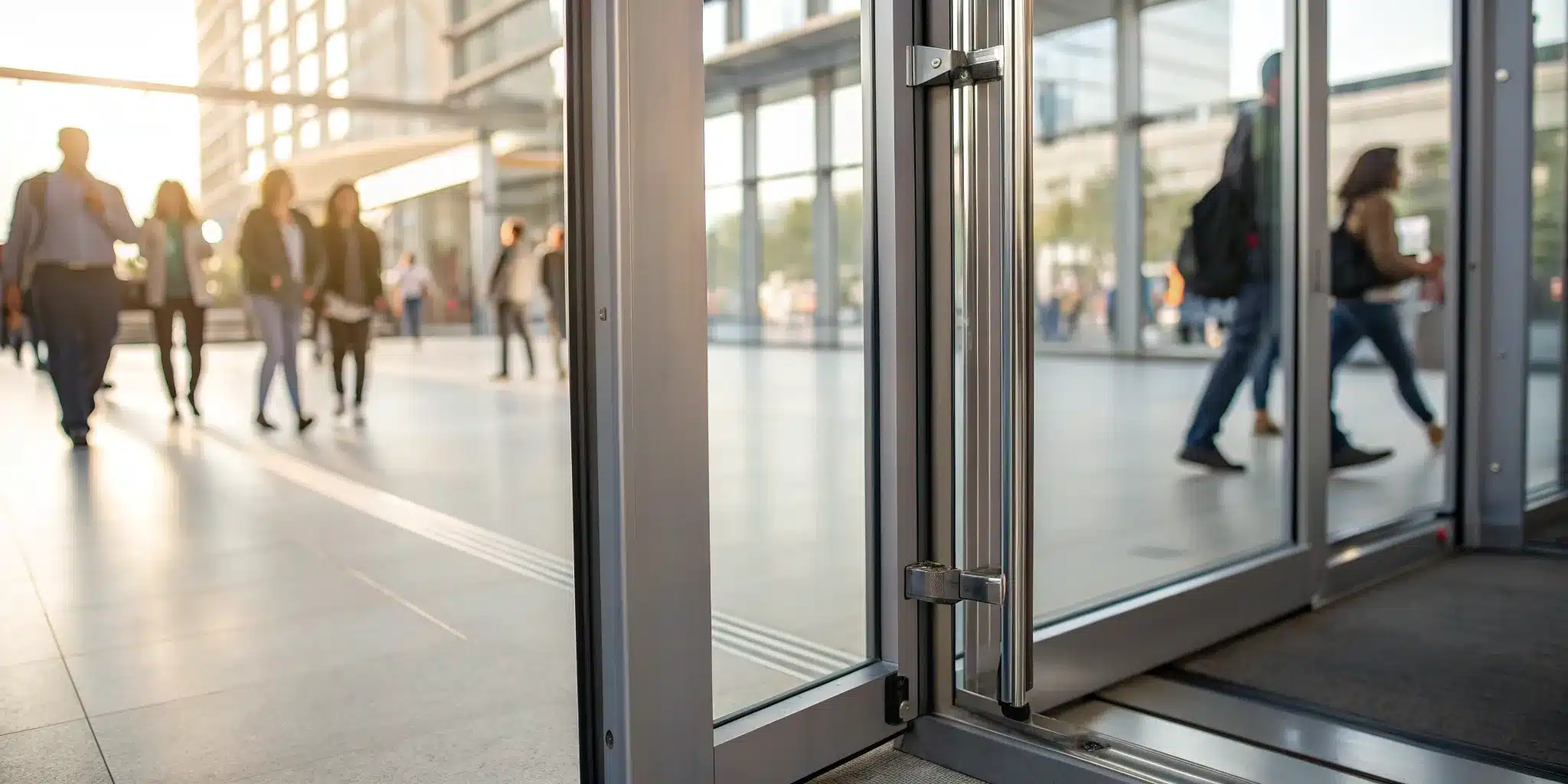 A commercial automatic door at a business entrance in need of repair.
