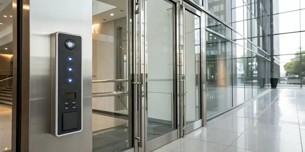 Secure door access control system for business entry.