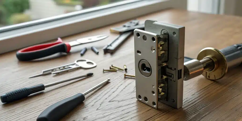 A disassembled electronic lock and the tools needed for its repair.