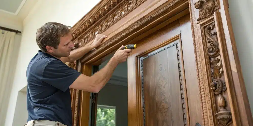 A person fitting a new fire door into an existing old wooden frame.