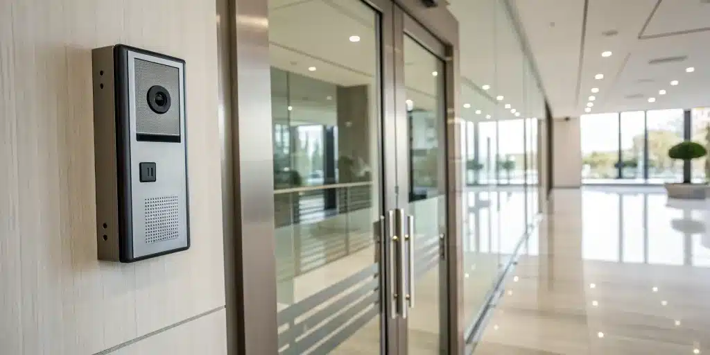 Video surveillance camera integrated with an access control system at a building entrance.