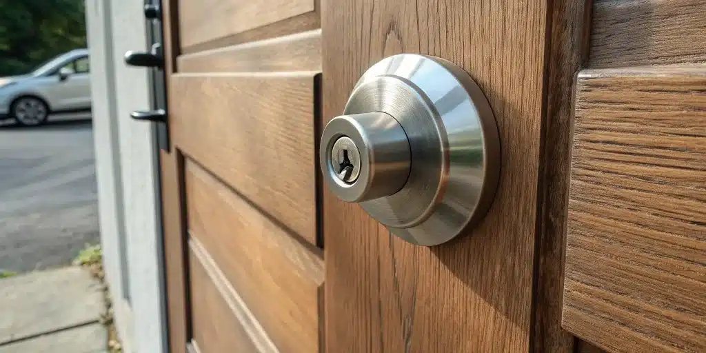 A secure lift up door lock mechanism with a handle on a wooden door.