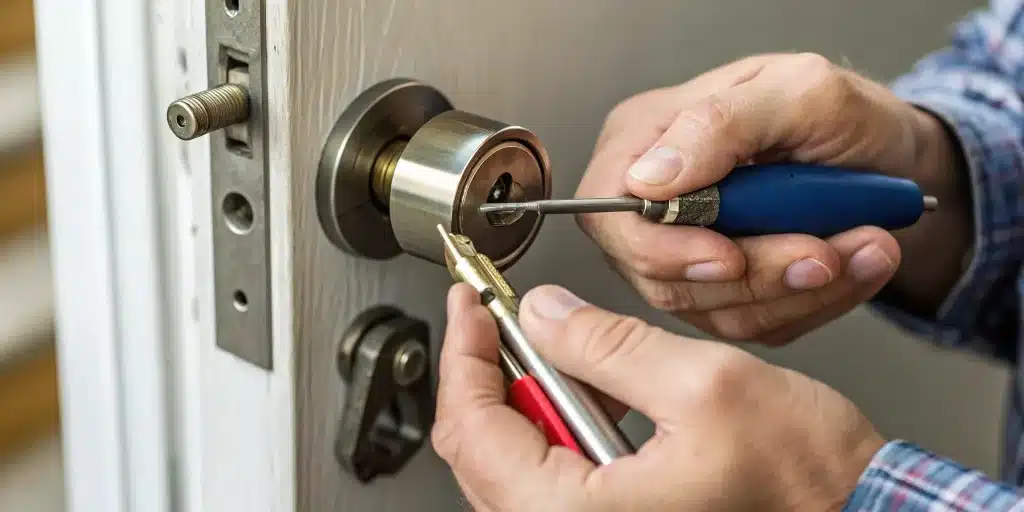 Hands repairing a cylindrical door lock with tools.