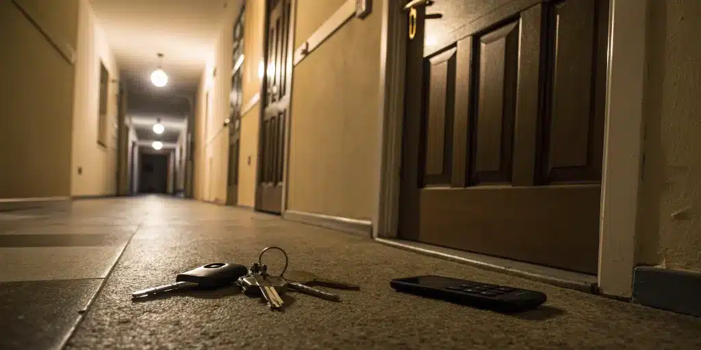 Keys and phone on the floor outside a closed apartment door, requiring lockout assistance.