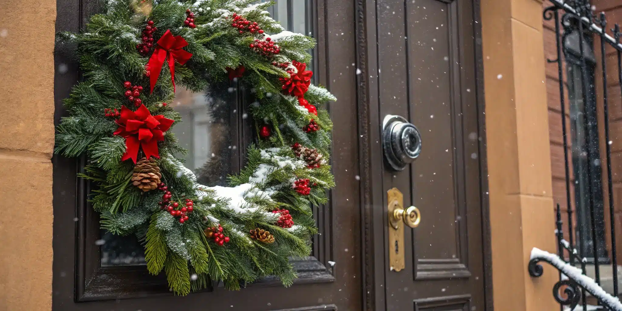 A festive wreath on a locked apartment door, a common scene during holiday lockouts.
