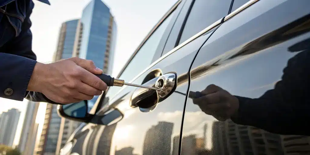 Car door lock repair in progress.
