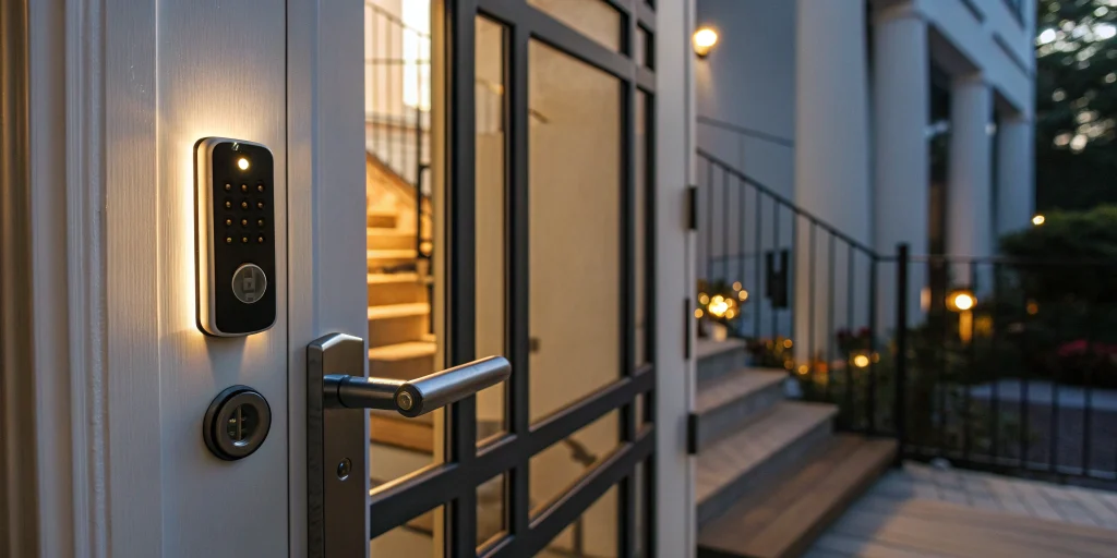Modern smart lock installed on a front door, a key factor in the best installation cost.