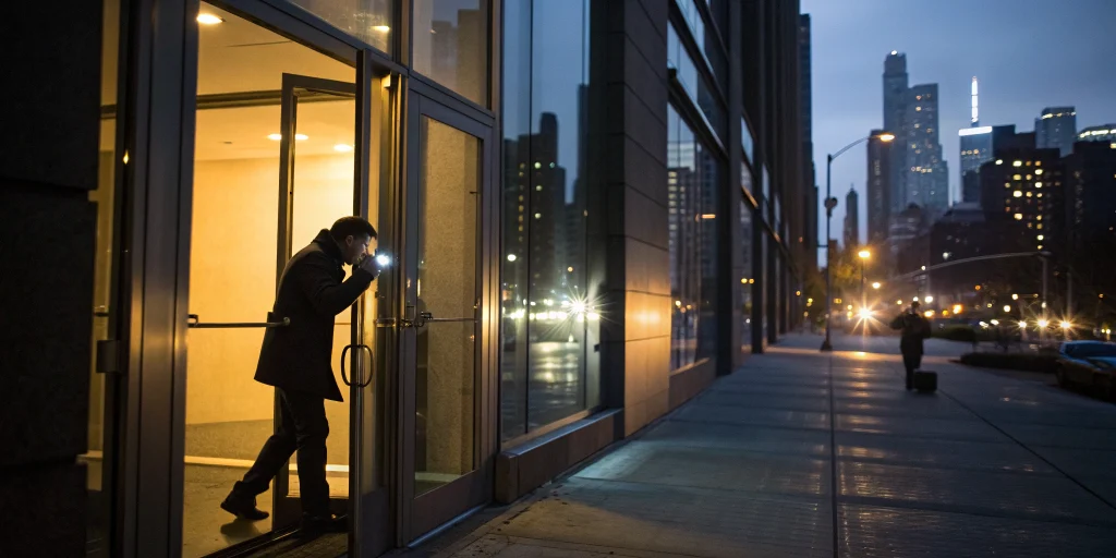 A technician performs an emergency business lockout service for an NYC office at night.