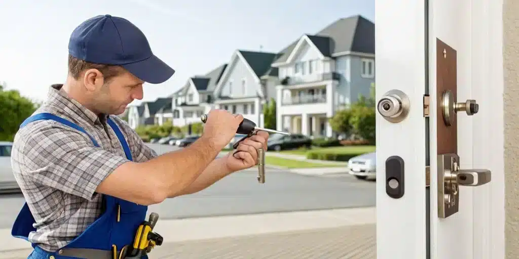 Locksmith changing a door lock on a residential home in Queens.