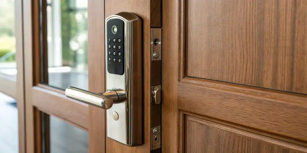 Secure commercial electronic door lock with keypad.