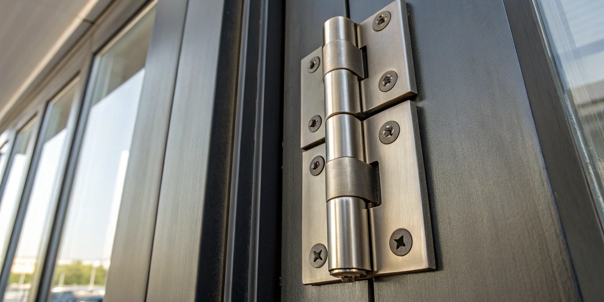Stainless steel commercial door hinge blank on a metal door.