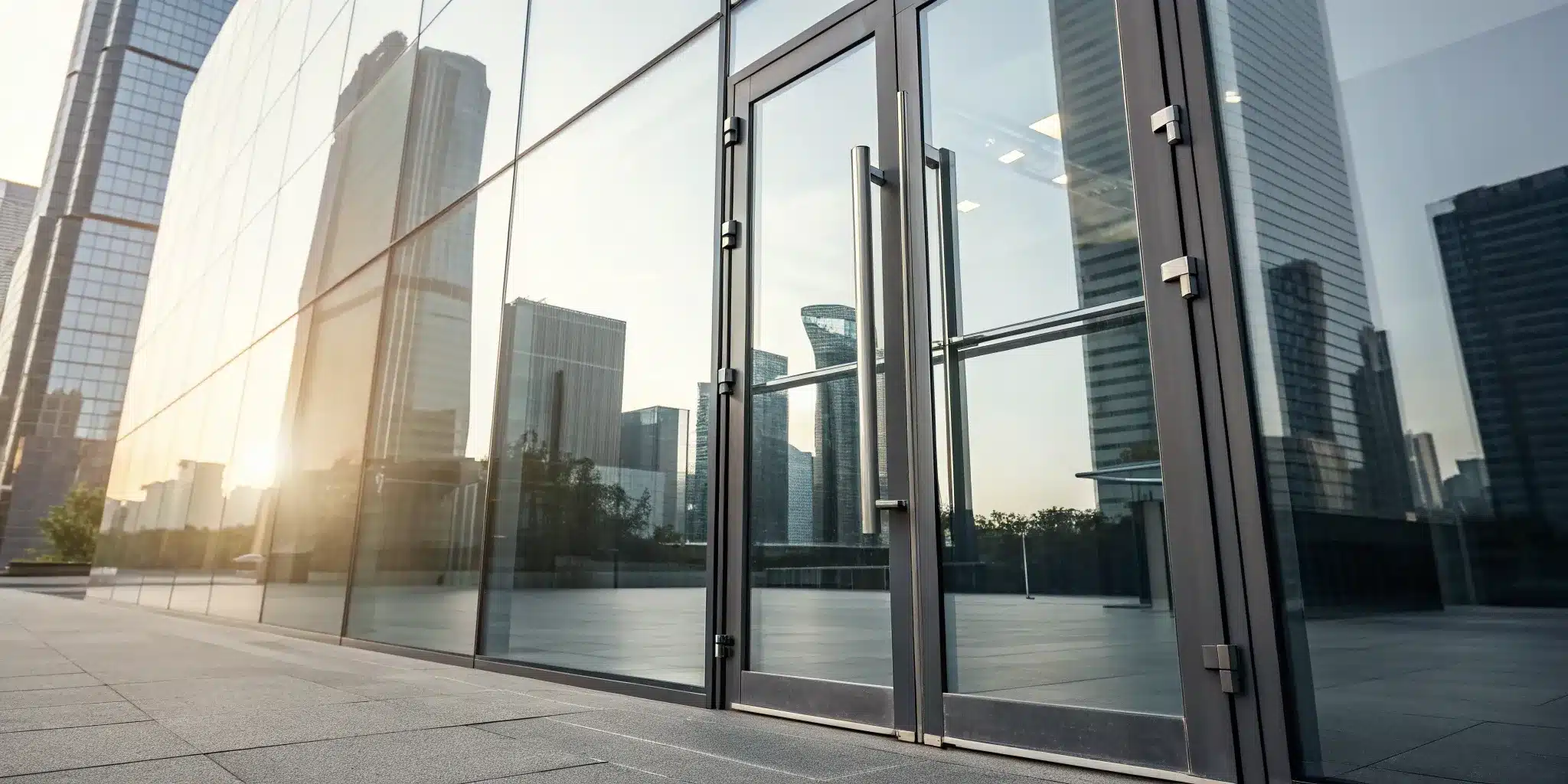 Commercial glass door installation in modern office building.