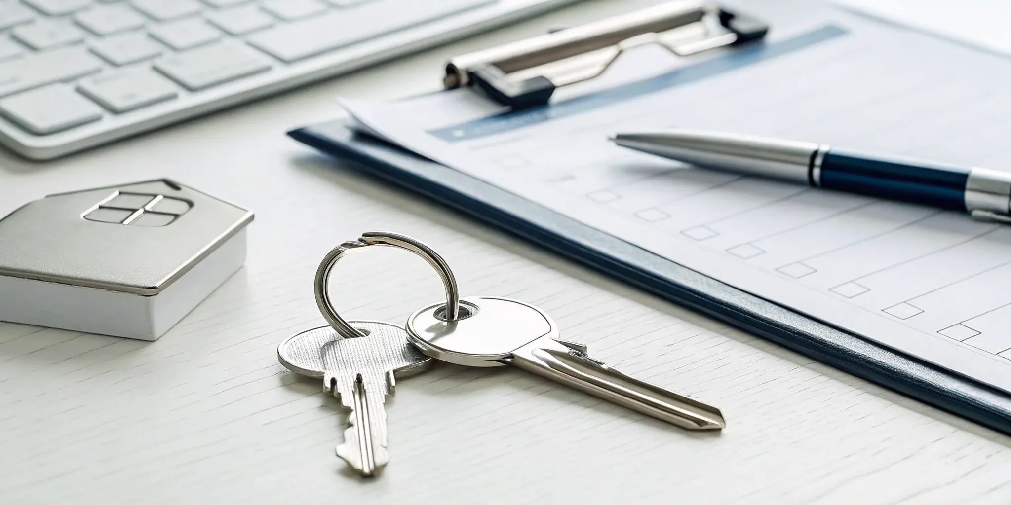 Commercial lock change checklist for a Manhattan business with keys and a pen.