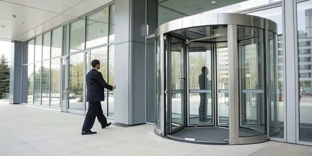 A commercial revolving door in a modern NYC building requiring professional repair.