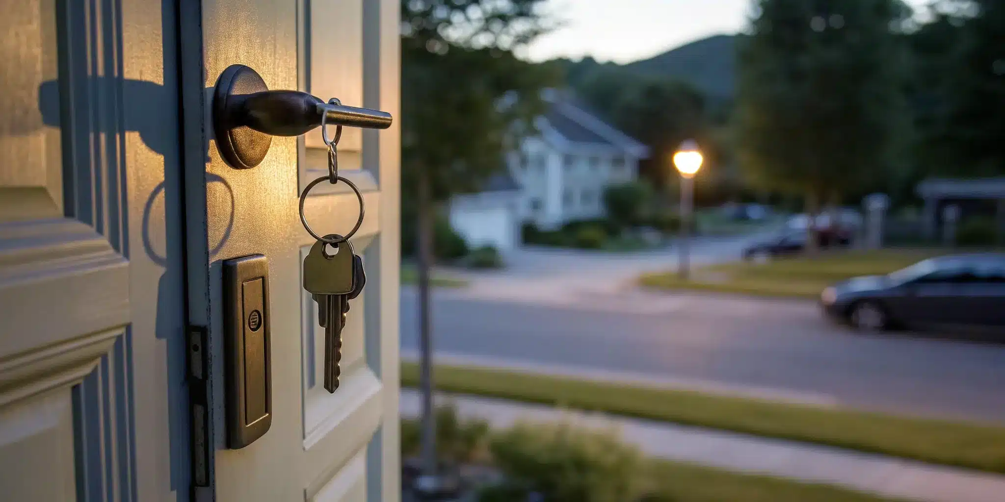 A key in a house door during an emergency lockout.
