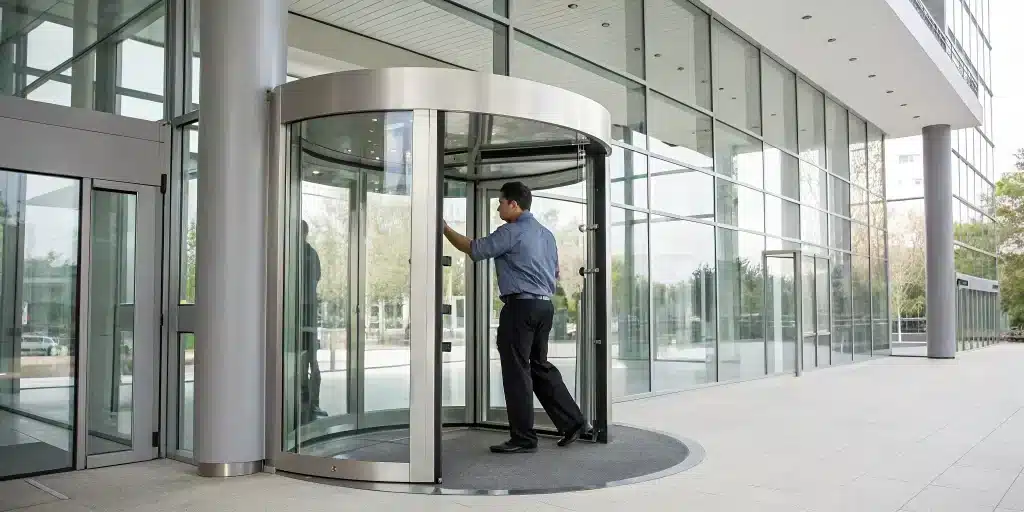 Glass revolving door at an NYC commercial building needing emergency repair.