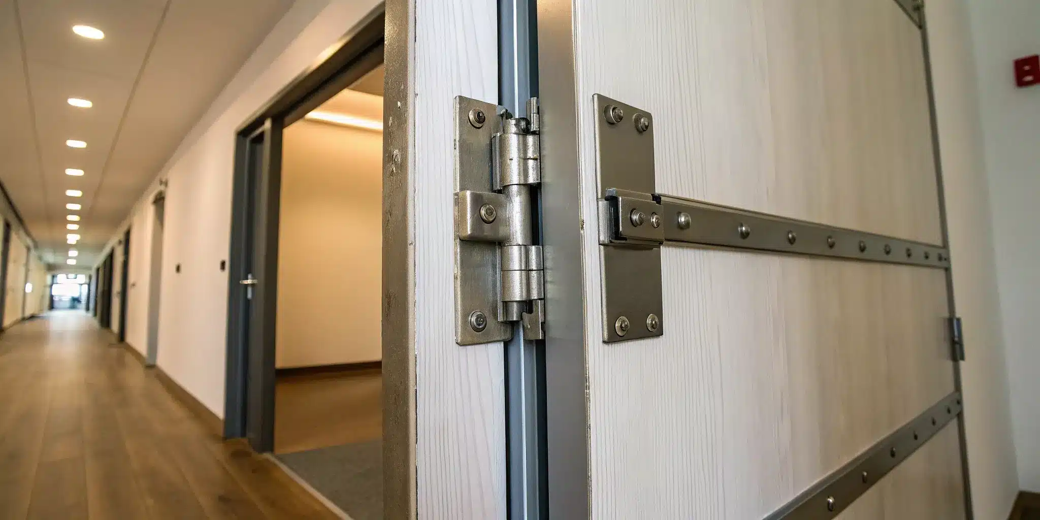 Properly installed fire door with fire-rated hardware.