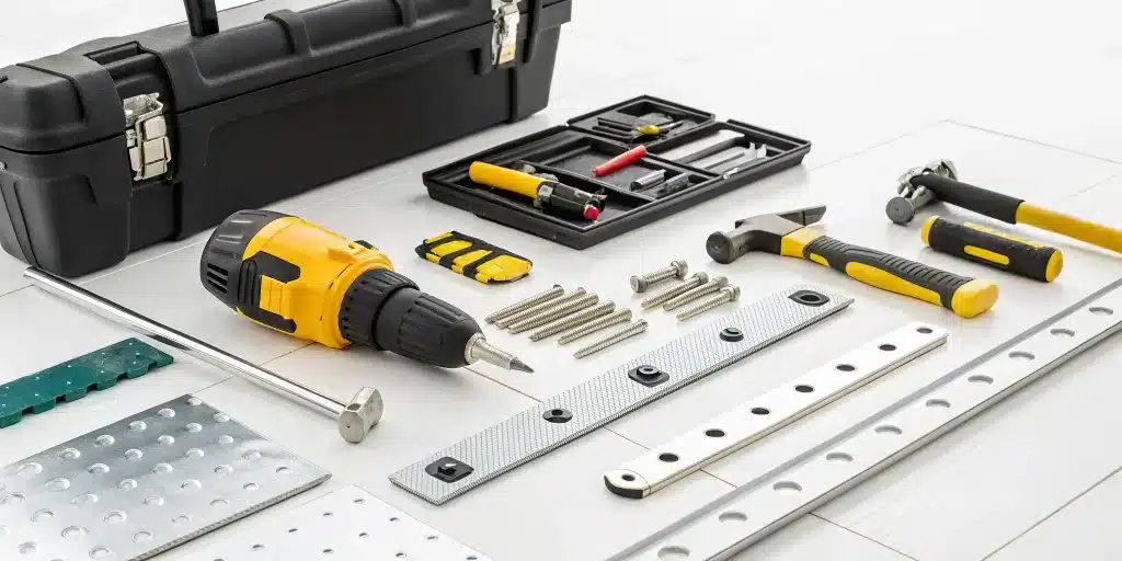 Floor check hardware and tools for the door replacement process in NYC.