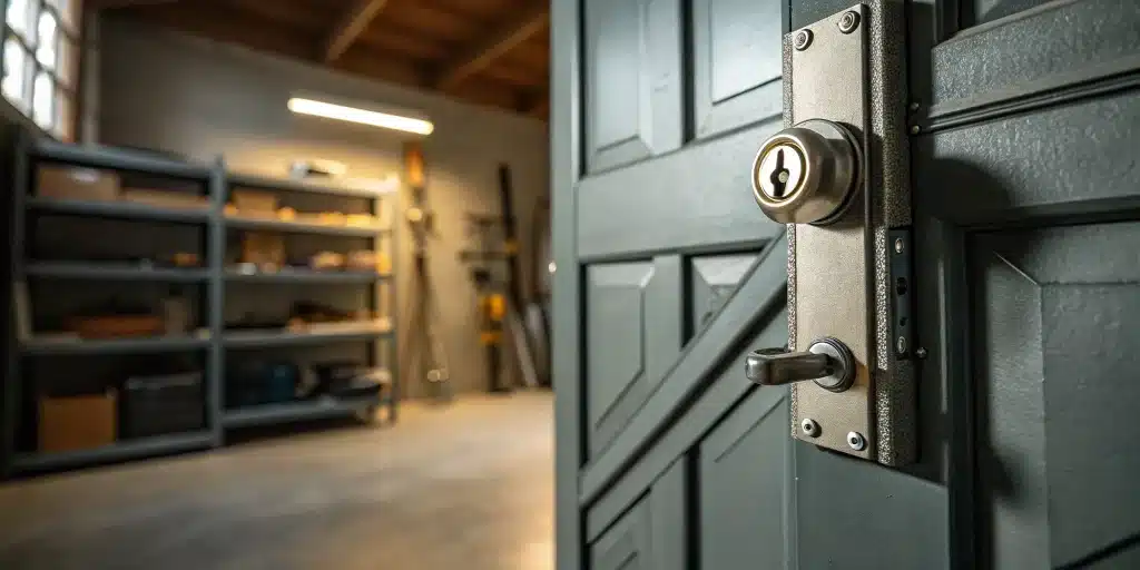 A secure garage door release lock with a pull handle.