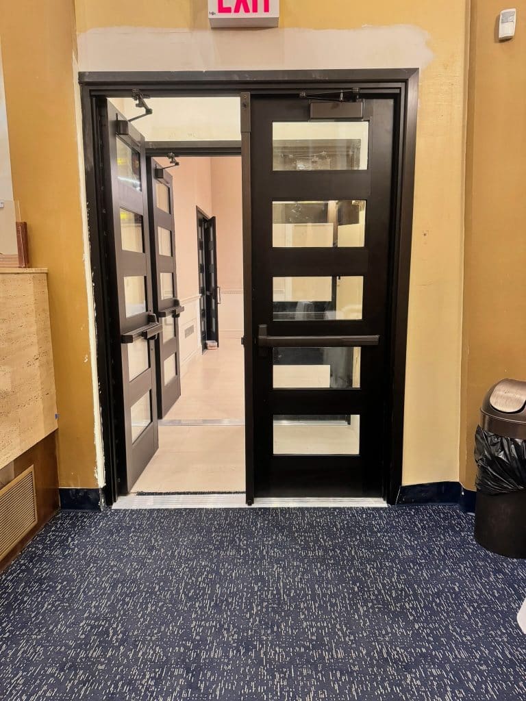 Commercial double doors with glass panels installed at a NYC building