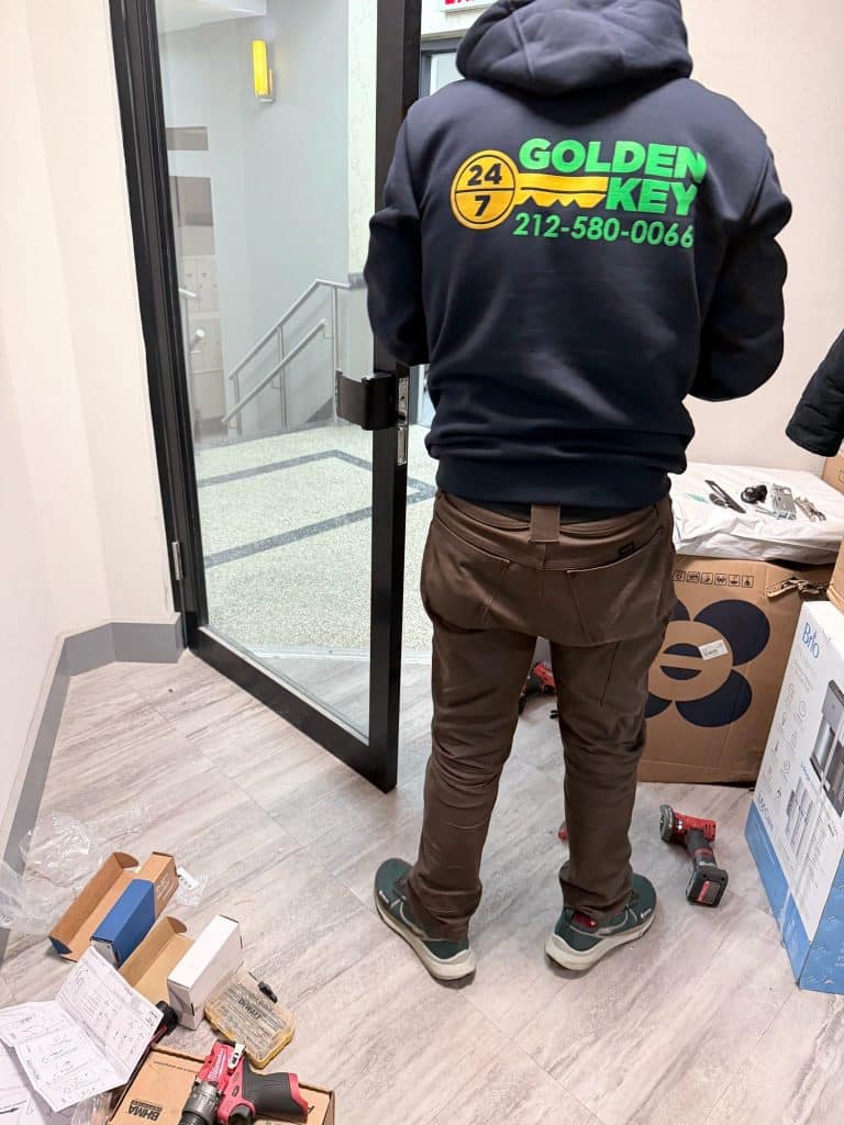 Golden Key Locksmith NYC technician in branded hoodie repairing a glass door