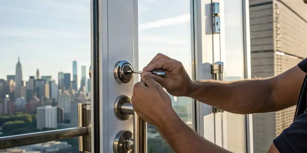 NYC locksmith unlocking a door.