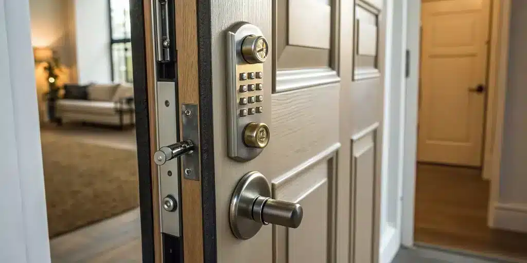 A new keypad and deadbolt lock on a front door, a factor in the cost to change locks.
