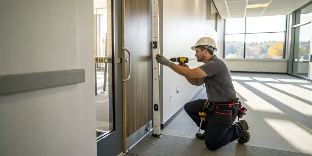 Certified fire door installer fitting hardware on a commercial-grade fire door.