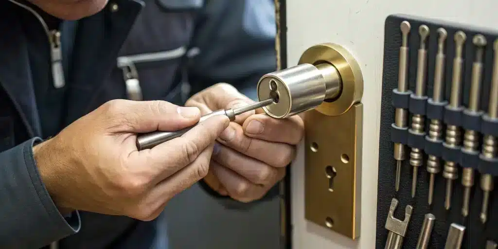Changing a commercial door lock cylinder with the correct tools.