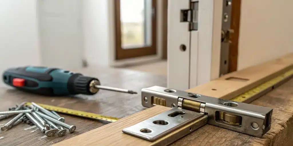 An electric door strike kit and tools laid out on a workbench for a security installation.
