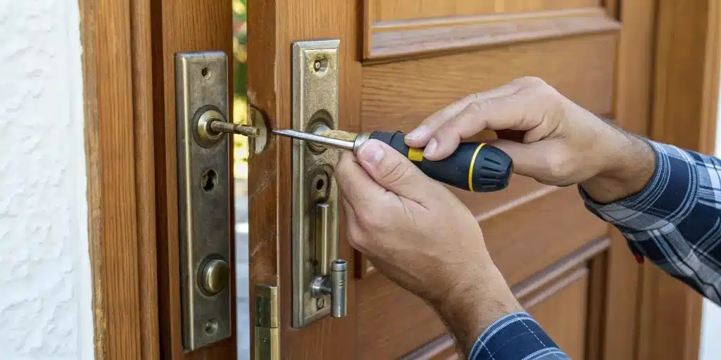 Fixing a broken door lock with a screwdriver.
