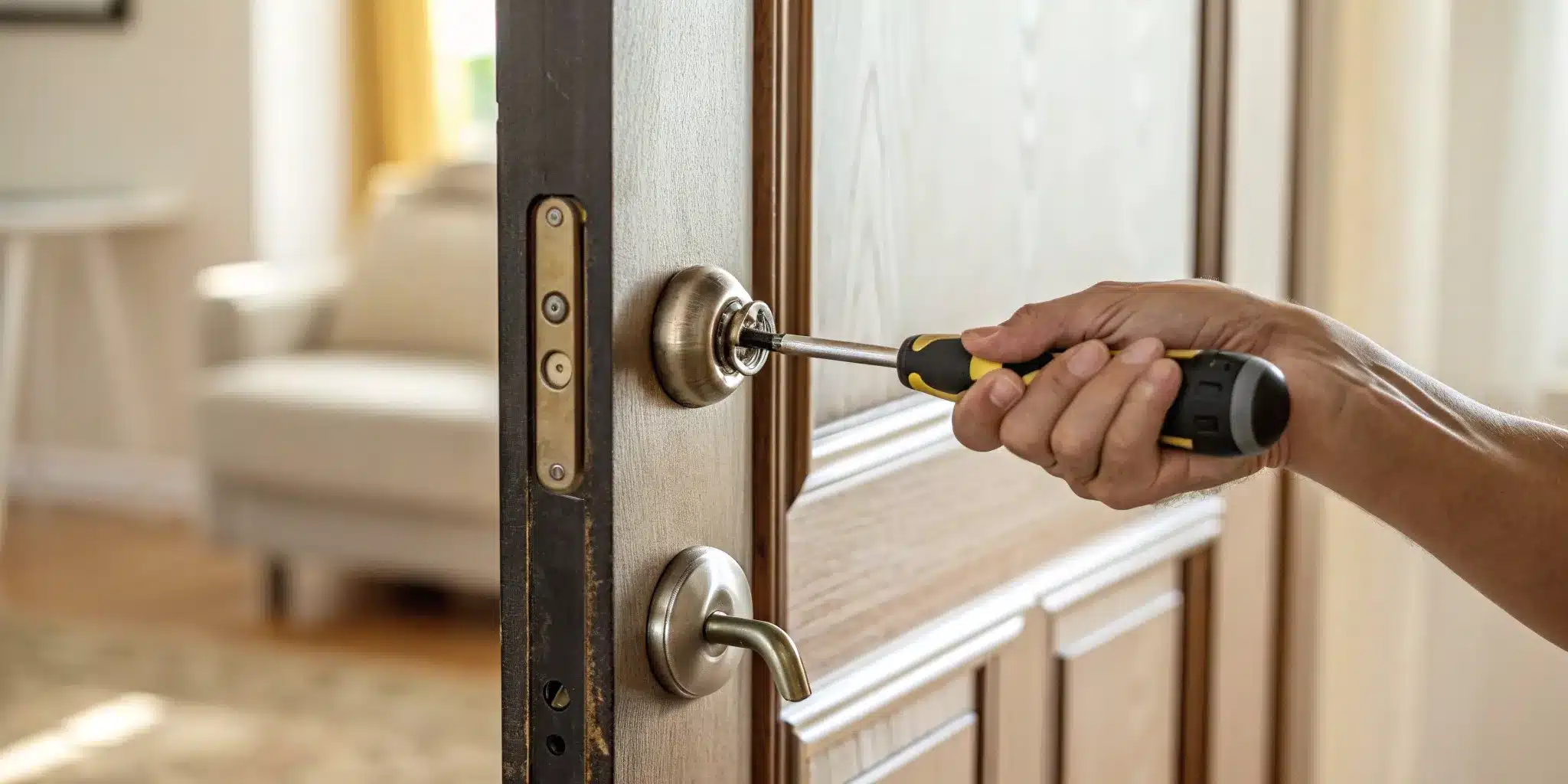 A person uses a screwdriver to fix a door knob's locking mechanism.