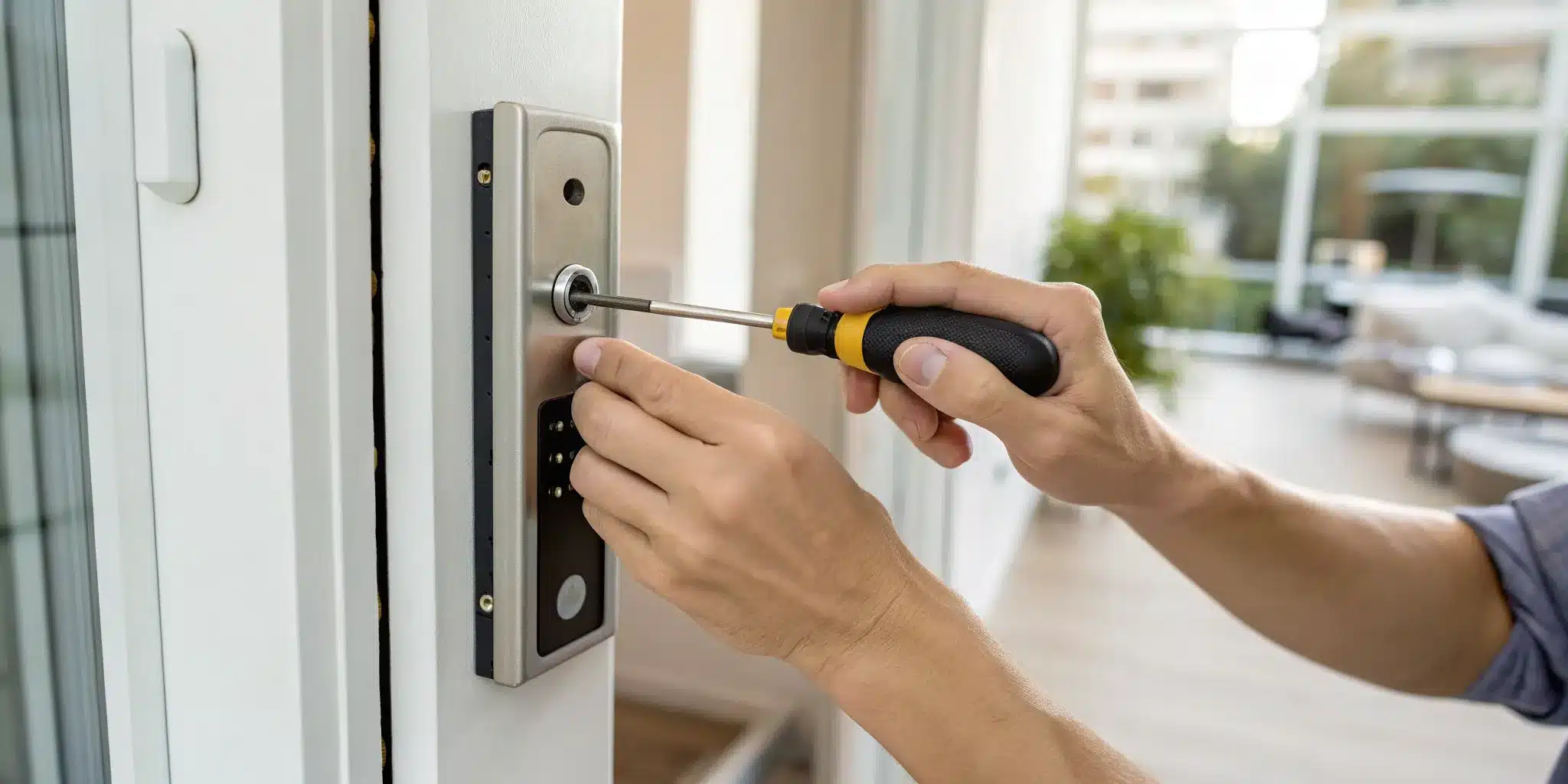 A person repairing a flat intercom phone's faulty wiring with a screwdriver.