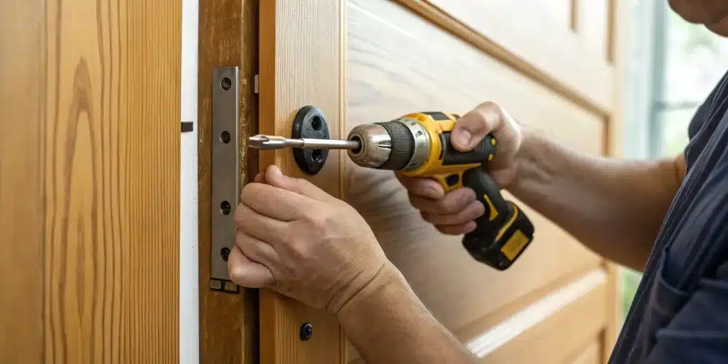 Fixing a floppy door handle with a power drill.