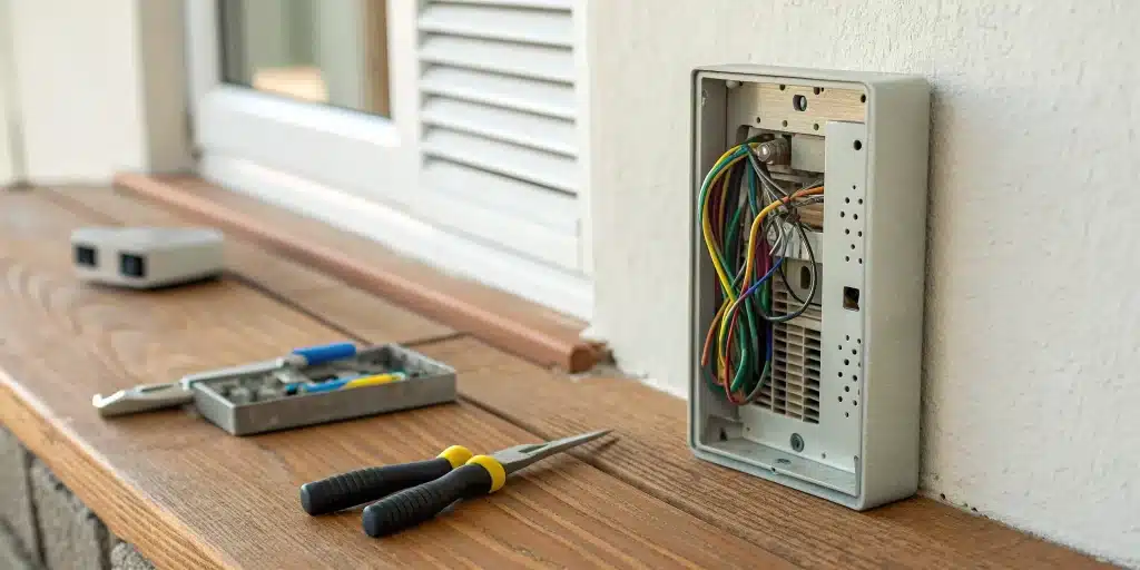 Tools next to an open intercom buzzer's wiring for a DIY fix.