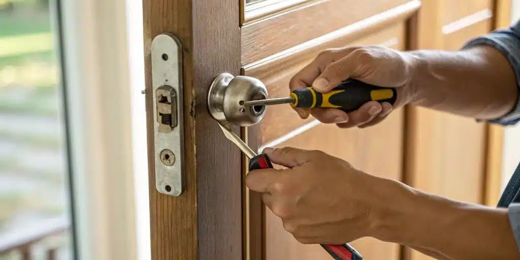 Fixing interior door lock with screwdriver.