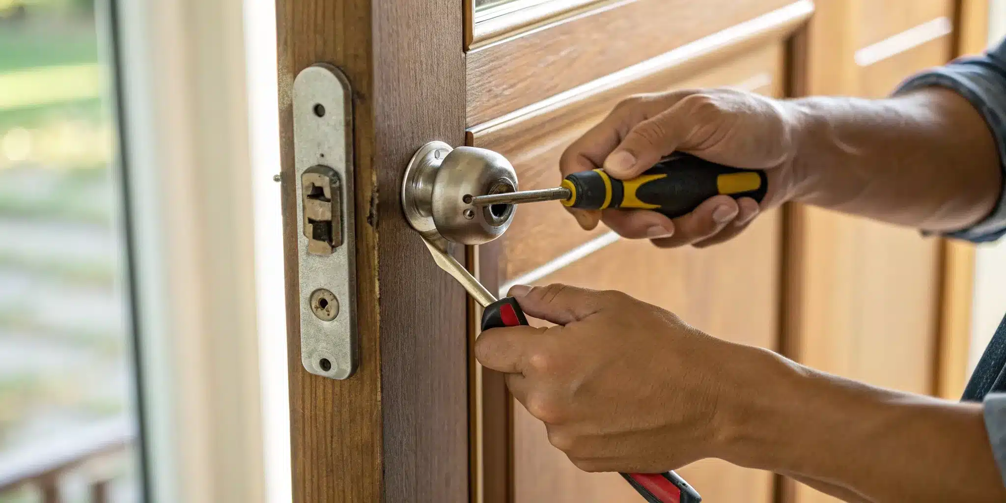 Fixing interior door lock with screwdriver.