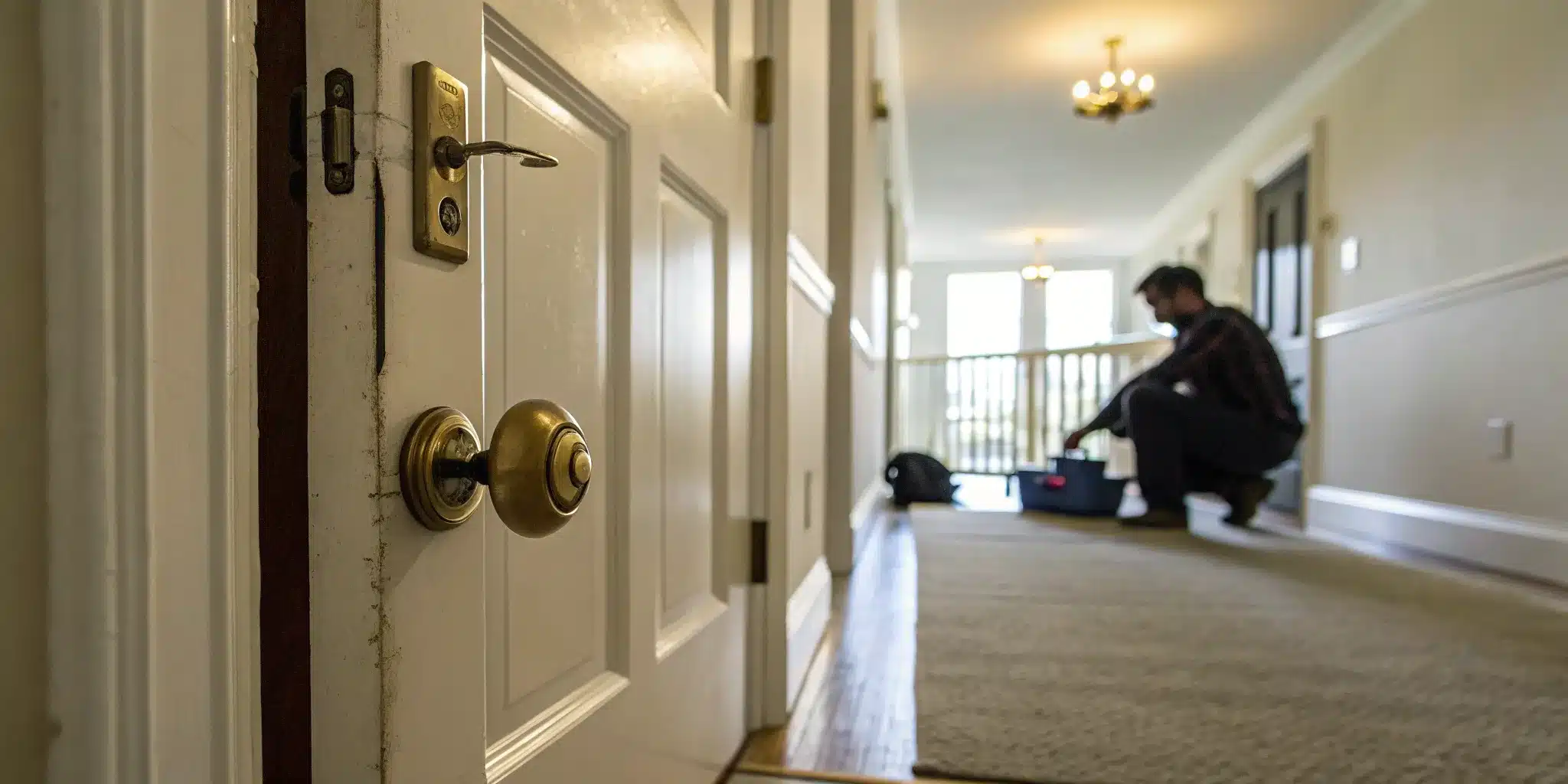 A locksmith helps a tenant during an apartment lockout.