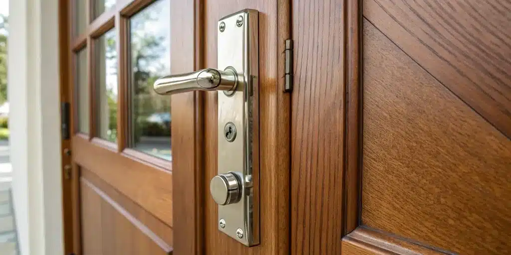Installing a door latch plate on a wooden door.