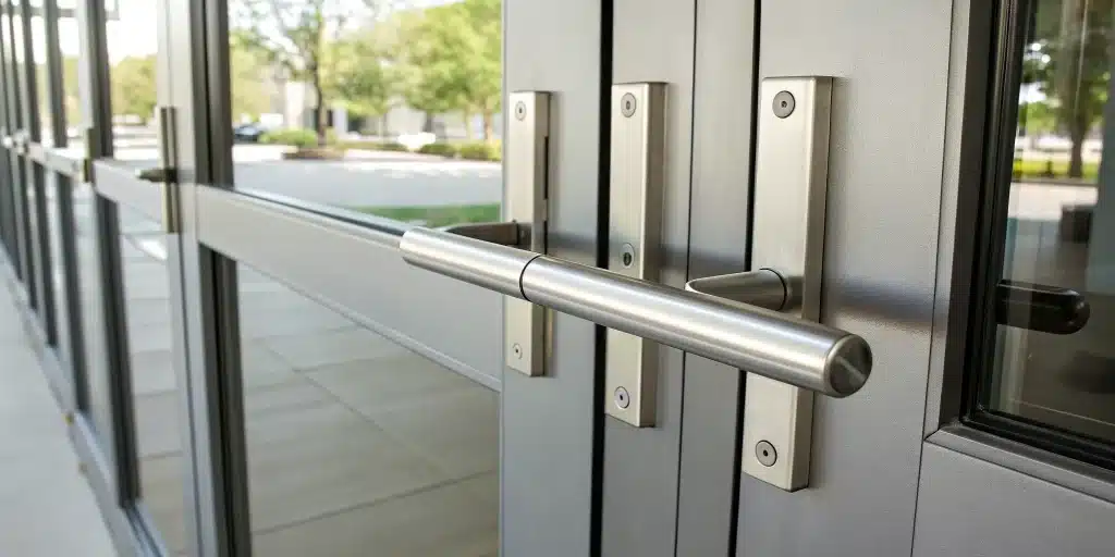 Installing a panic bar on double doors.
